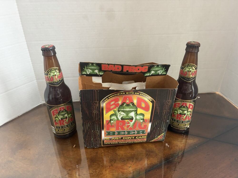 1990'S BAD FROG BEER 2 - 12ozPack Bottles with Caps in Original Carrier -EMPTY-